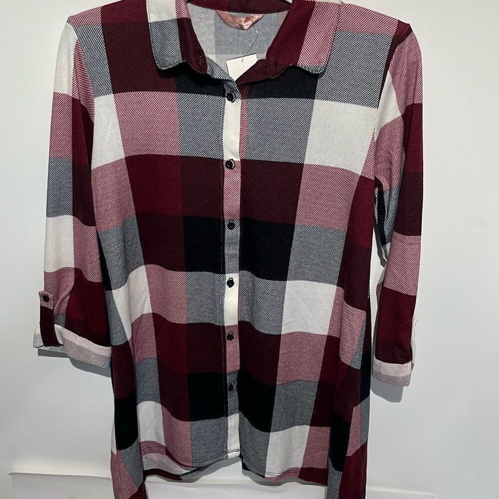 Amana Women's Multicolor Plaid‎ Roll Up Sleeve Tunic Button Up Shirt Small NWT